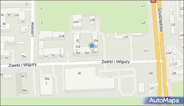 Toruń, Franciszka Żwirki i Stanisława Wigury, 81e, mapa Torunia