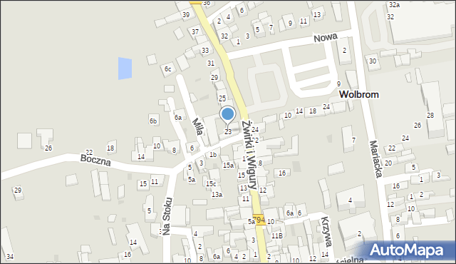 Wolbrom, Franciszka Żwirki i Stanisława Wigury, 23, mapa Wolbrom