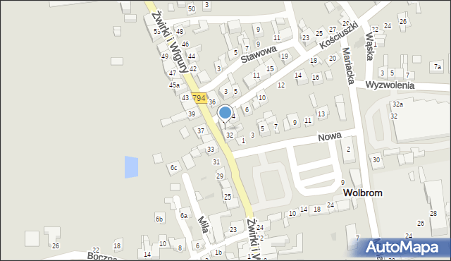 Wolbrom, Franciszka Żwirki i Stanisława Wigury, 34, mapa Wolbrom