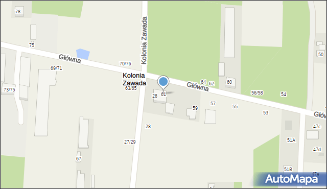 Kolonia Zawada, Główna, 61, mapa Kolonia Zawada