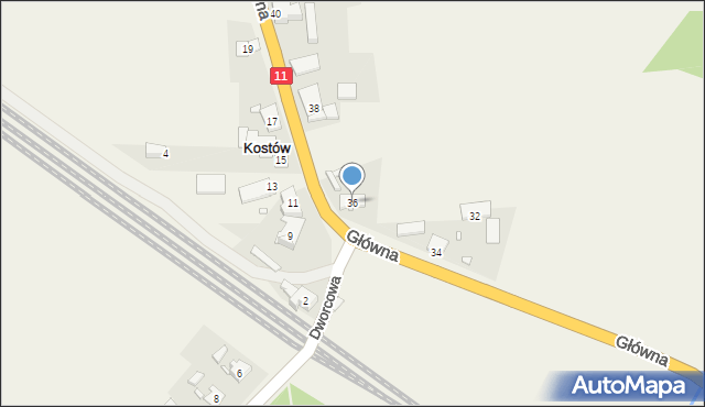 Kostów, Główna, 36, mapa Kostów