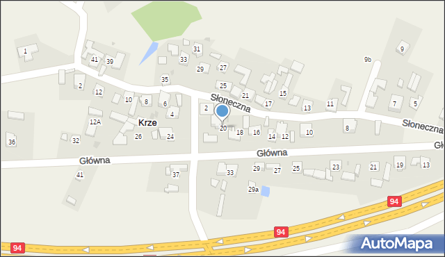 Krze, Główna, 20, mapa Krze