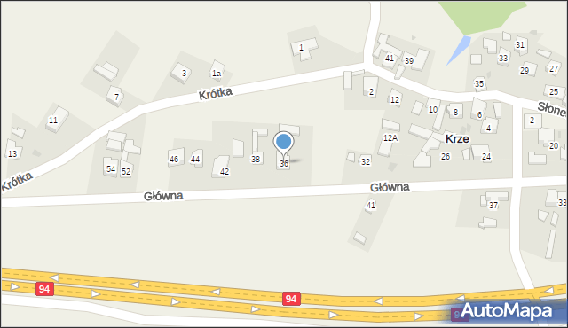 Krze, Główna, 36, mapa Krze