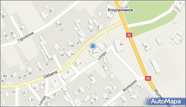 Krzyżanowice, Główna, 1, mapa Krzyżanowice