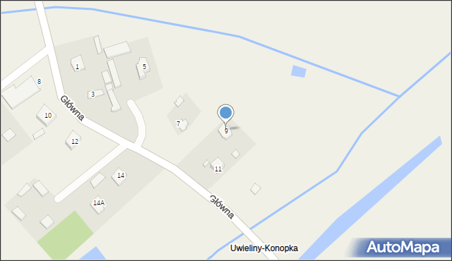 Uwieliny, Główna, 9, mapa Uwieliny