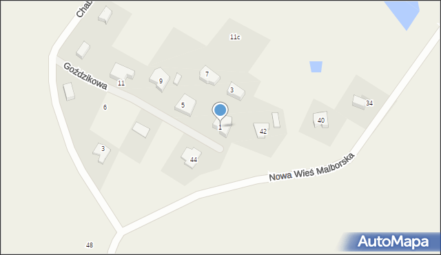 Nowa Wieś Malborska, Goździkowa, 1, mapa Nowa Wieś Malborska