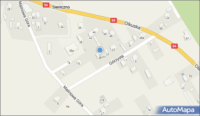 Sieniczno, Górzysta, 16, mapa Sieniczno