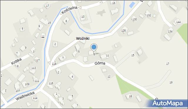 Woźniki, Górna, 9, mapa Woźniki