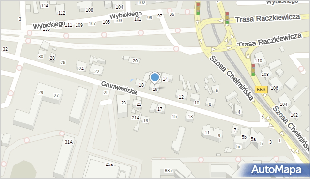 Toruń, Grunwaldzka, 16, mapa Torunia