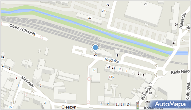 Cieszyn, Hajduka Feliksa, 10, mapa Cieszyna