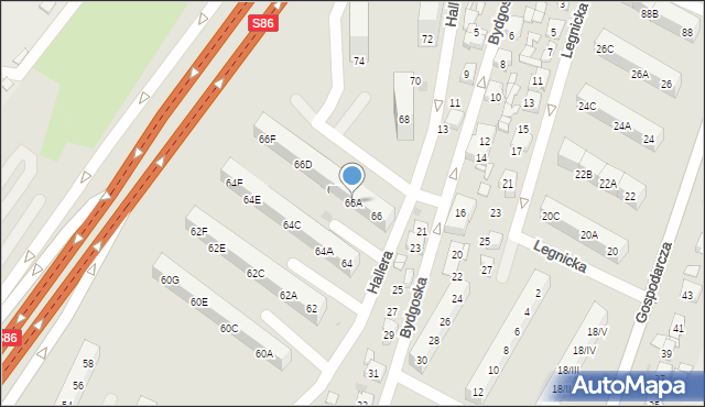 Sosnowiec, Hallera Józefa, gen., 66A, mapa Sosnowca