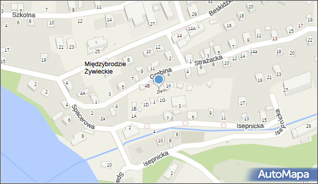 Międzybrodzie Żywieckie, Isepnicka, 1H, mapa Międzybrodzie Żywieckie