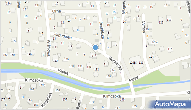 Bystra, Jagodowa, 1, mapa Bystra