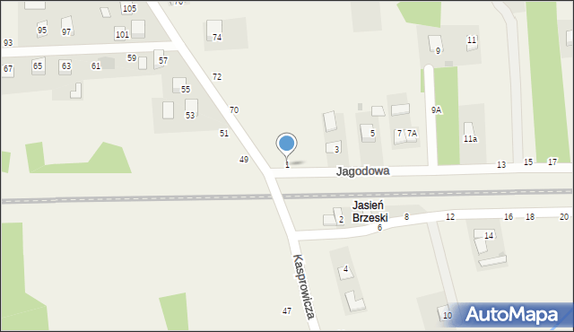 Jasień, Jagodowa, 1, mapa Jasień