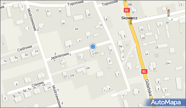 Skowarcz, Jaśminowa, 1, mapa Skowarcz