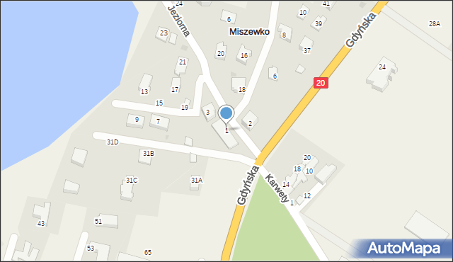 Miszewko, Jeziorna, 1, mapa Miszewko