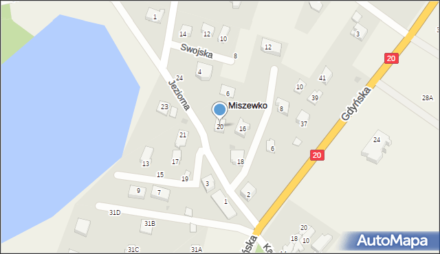 Miszewko, Jeziorna, 20, mapa Miszewko