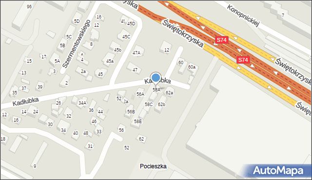 Kielce, Kadłubka Wincentego, bp., 58A, mapa Kielc