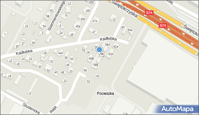 Kielce, Kadłubka Wincentego, bp., 58D, mapa Kielc