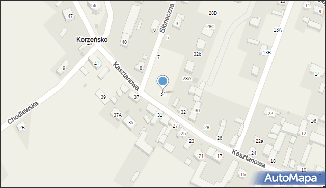 Korzeńsko, Kasztanowa, 34, mapa Korzeńsko