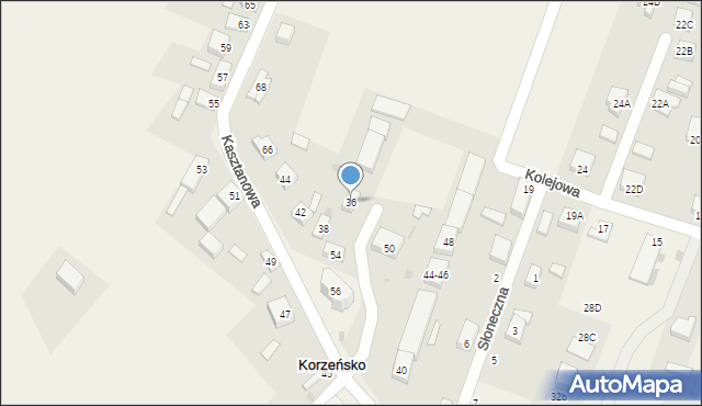 Korzeńsko, Kasztanowa, 36, mapa Korzeńsko