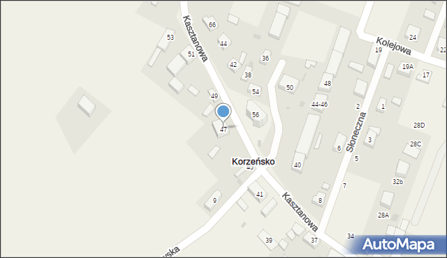 Korzeńsko, Kasztanowa, 47, mapa Korzeńsko