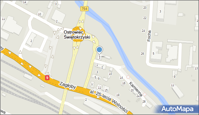 Ostrowiec Świętokrzyski, Kamienna, 1, mapa Ostrowiec Świętokrzyski