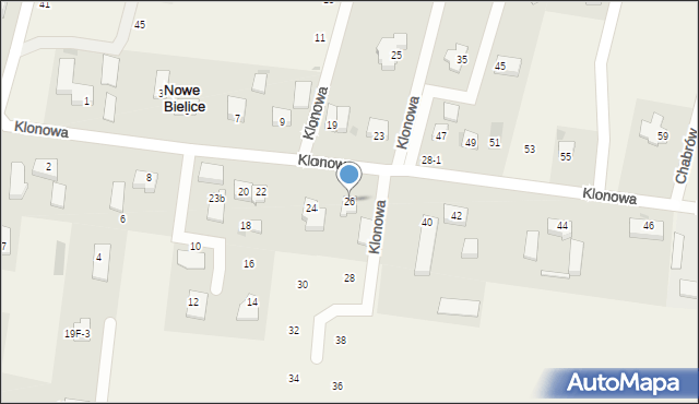 Nowe Bielice, Klonowa, 26, mapa Nowe Bielice