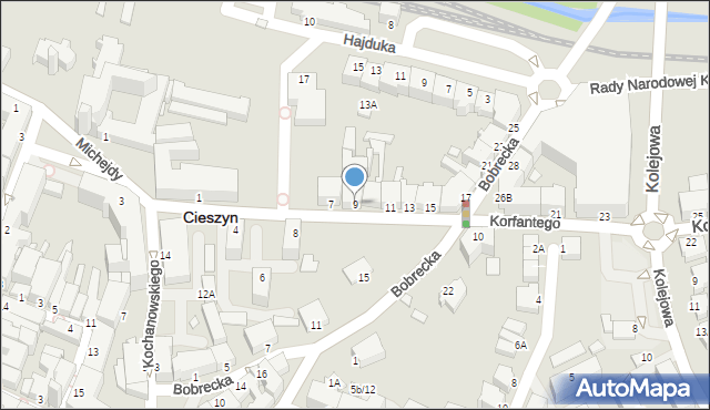 Cieszyn, Korfantego Wojciecha, 9, mapa Cieszyna