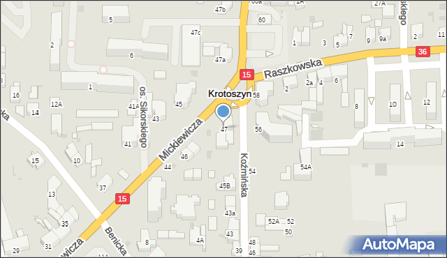 Krotoszyn, Koźmińska, 47, mapa Krotoszyna