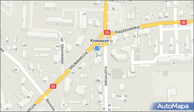 Krotoszyn, Koźmińska, 47, mapa Krotoszyna