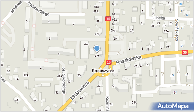 Krotoszyn, Koźmińska, 47a, mapa Krotoszyna
