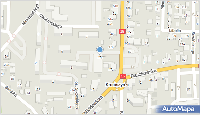 Krotoszyn, Koźmińska, 47c, mapa Krotoszyna