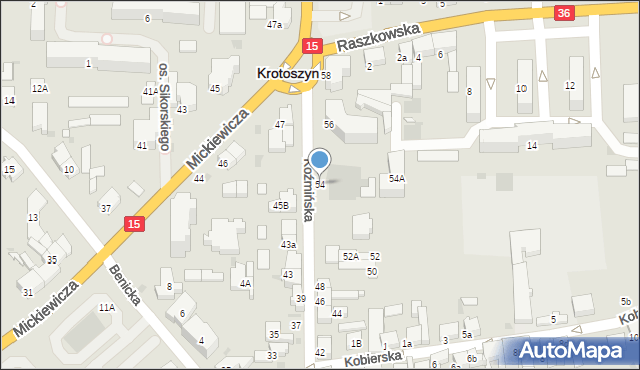 Krotoszyn, Koźmińska, 54, mapa Krotoszyna