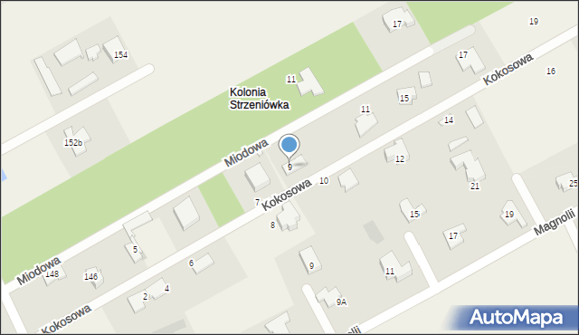 Strzeniówka, Kokosowa, 9, mapa Strzeniówka