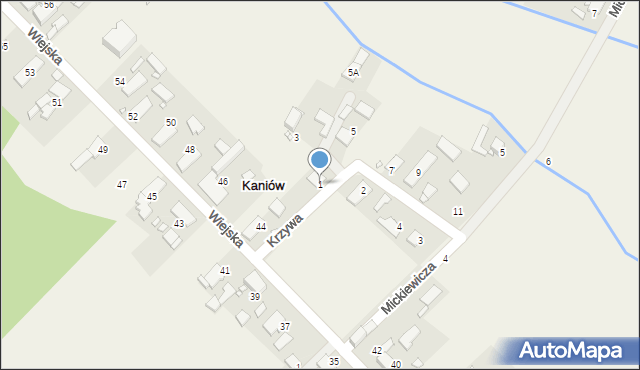 Kaniów, Krzywa, 1, mapa Kaniów