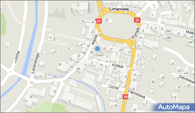 Limanowa, Krótka, 3A, mapa Limanowa