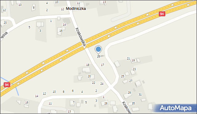 Modlniczka, Krakowska, 15, mapa Modlniczka