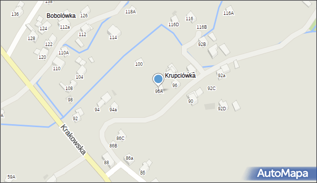 Mszana Dolna, Krakowska, 96A, mapa Mszana Dolna