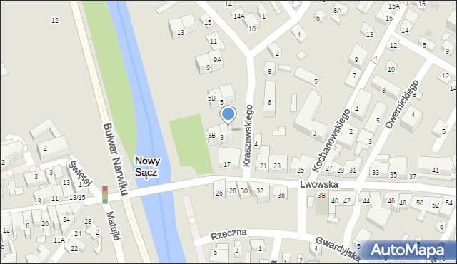 Nowy Sącz, Kraszewskiego Józefa Ignacego, 3A, mapa Nowego Sącza