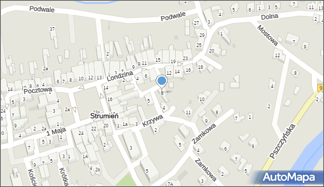 Strumień, Krzywa, 8, mapa Strumień