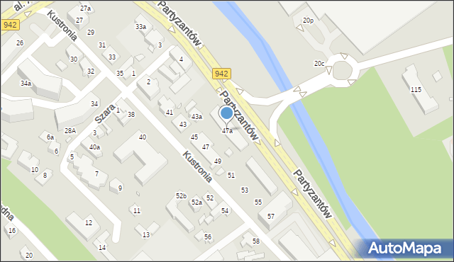 Bielsko-Biała, Kustronia Józefa, gen., 47a, mapa Bielsko-Białej