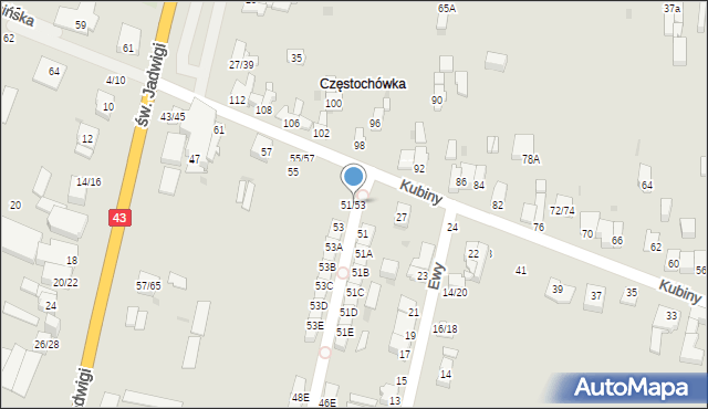 Częstochowa, Kubiny Teodora, ks. bp., 51/53, mapa Częstochowy