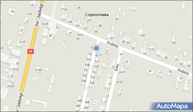 Częstochowa, Kubiny Teodora, ks. bp., 51, mapa Częstochowy