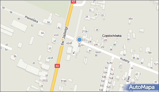 Częstochowa, Kubiny Teodora, ks. bp., 61, mapa Częstochowy