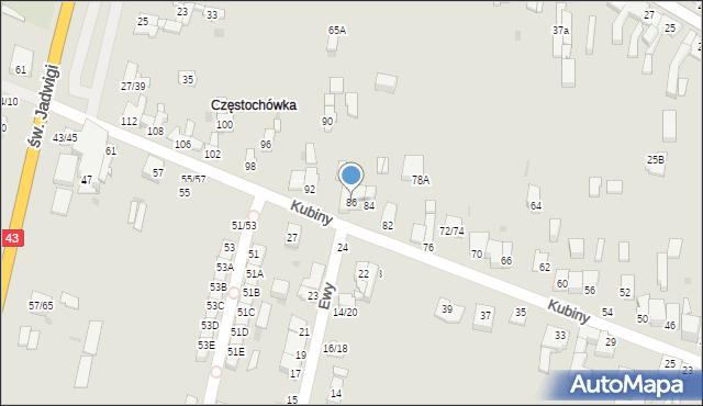 Częstochowa, Kubiny Teodora, ks. bp., 86, mapa Częstochowy