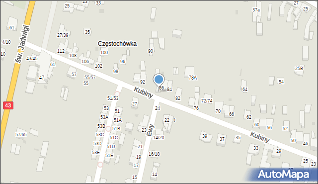 Częstochowa, Kubiny Teodora, ks. bp., 88, mapa Częstochowy