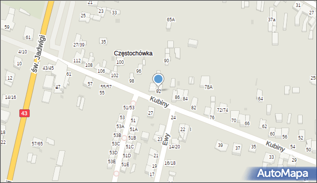 Częstochowa, Kubiny Teodora, ks. bp., 92, mapa Częstochowy
