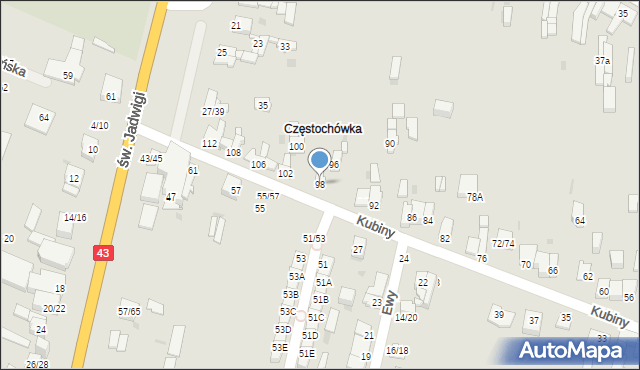 Częstochowa, Kubiny Teodora, ks. bp., 98, mapa Częstochowy