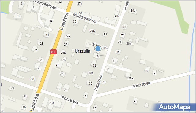 Urszulin, Kwiatowa, 34, mapa Urszulin